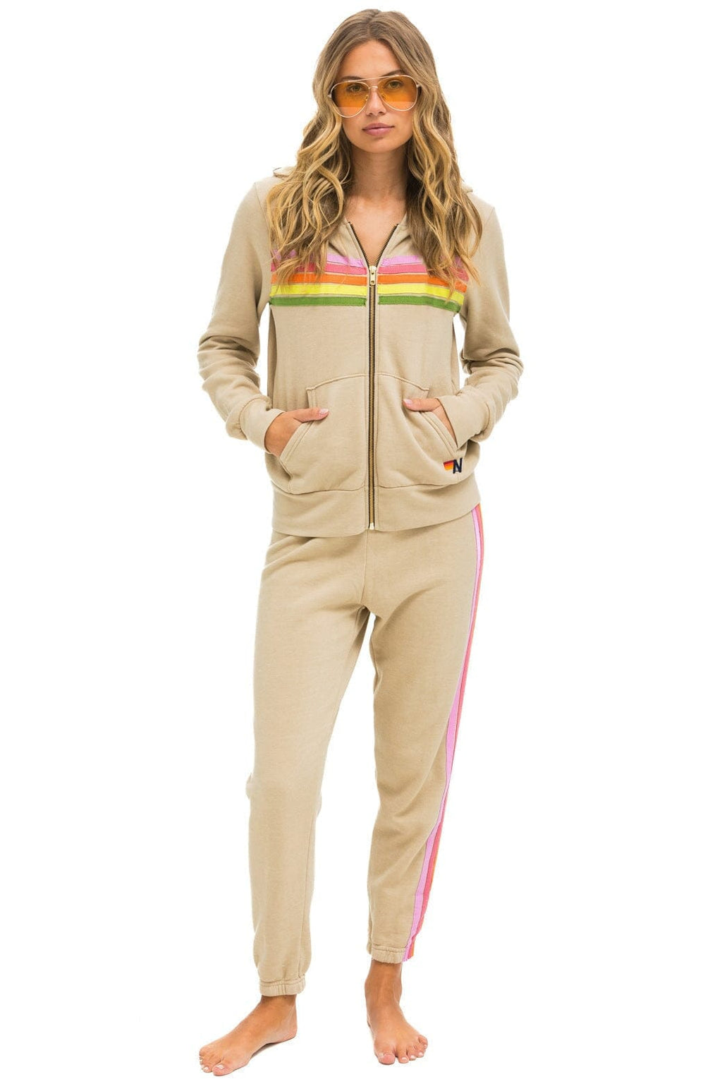 5 STRIPE HOODIE - SAND // PINK // GREEN