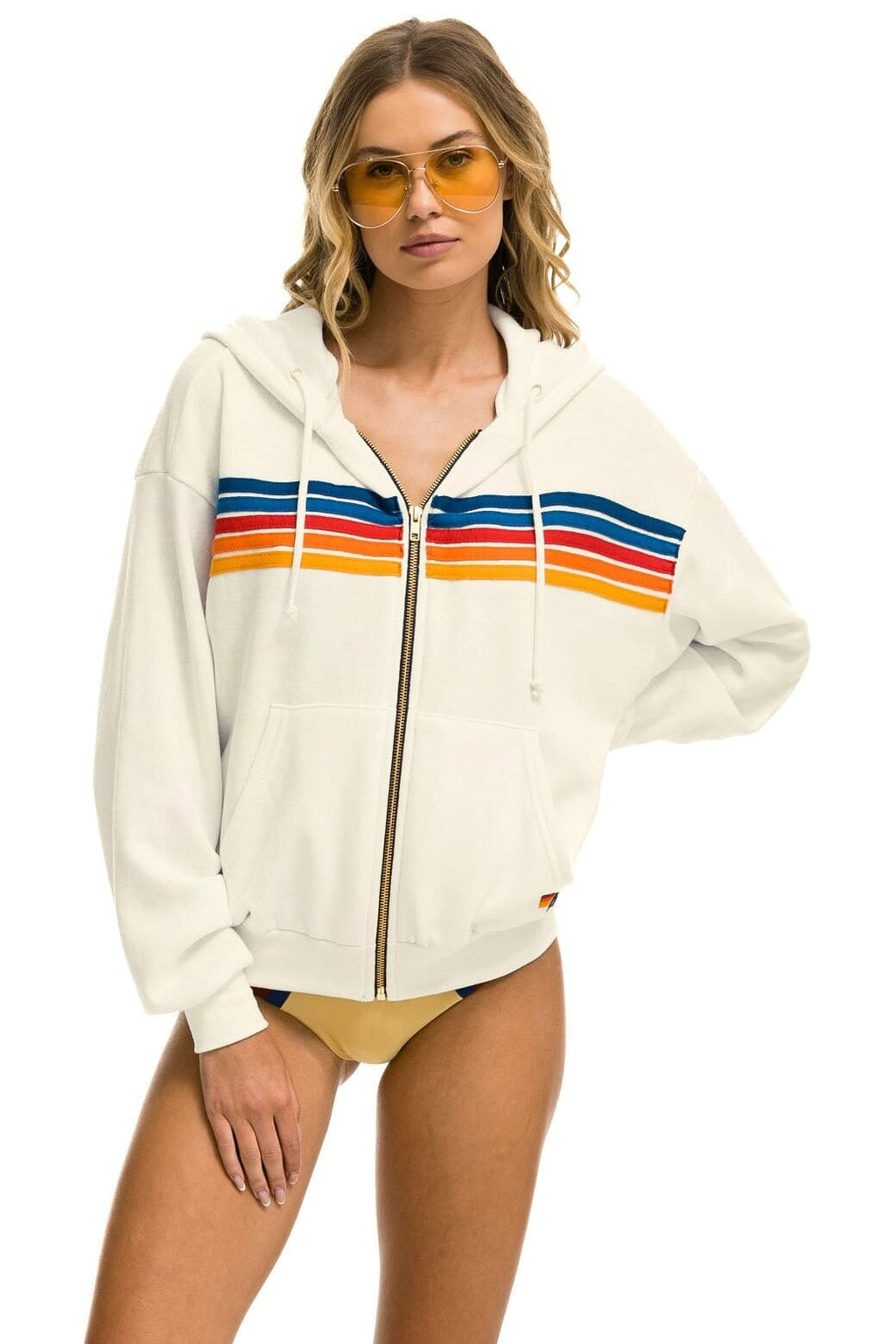 5 STRIPE RELAXED ZIP HOODIE - VINTAGE WHITE