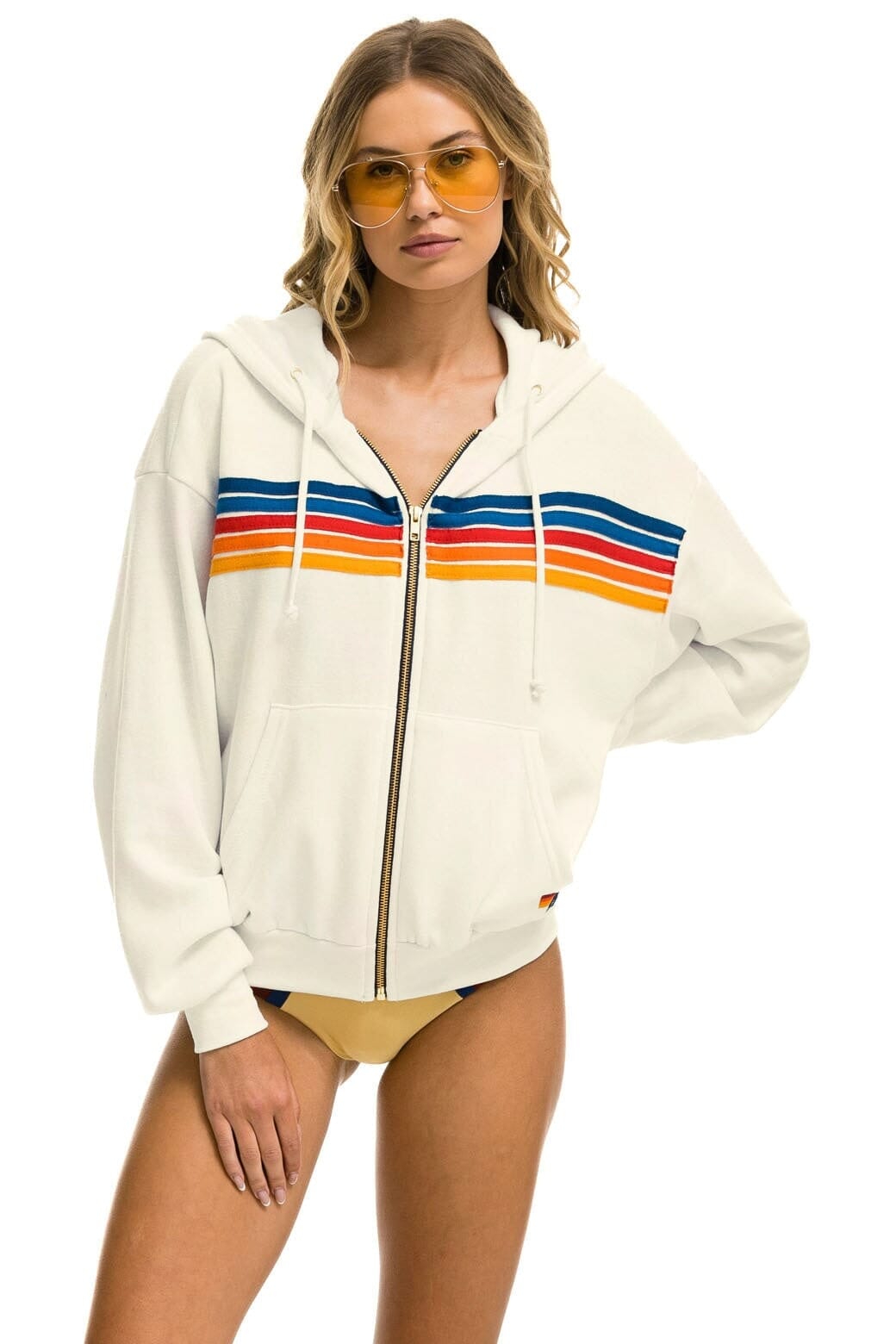 5 STRIPE RELAXED ZIP HOODIE - VINTAGE WHITE