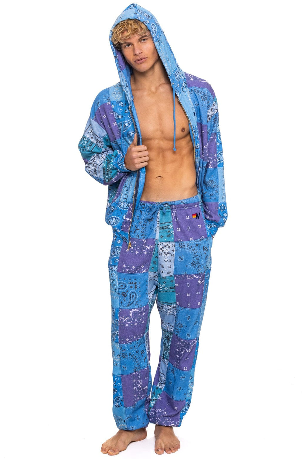 BANDANA QUILTED RELAXED ZIP HOODIE - BLUE
