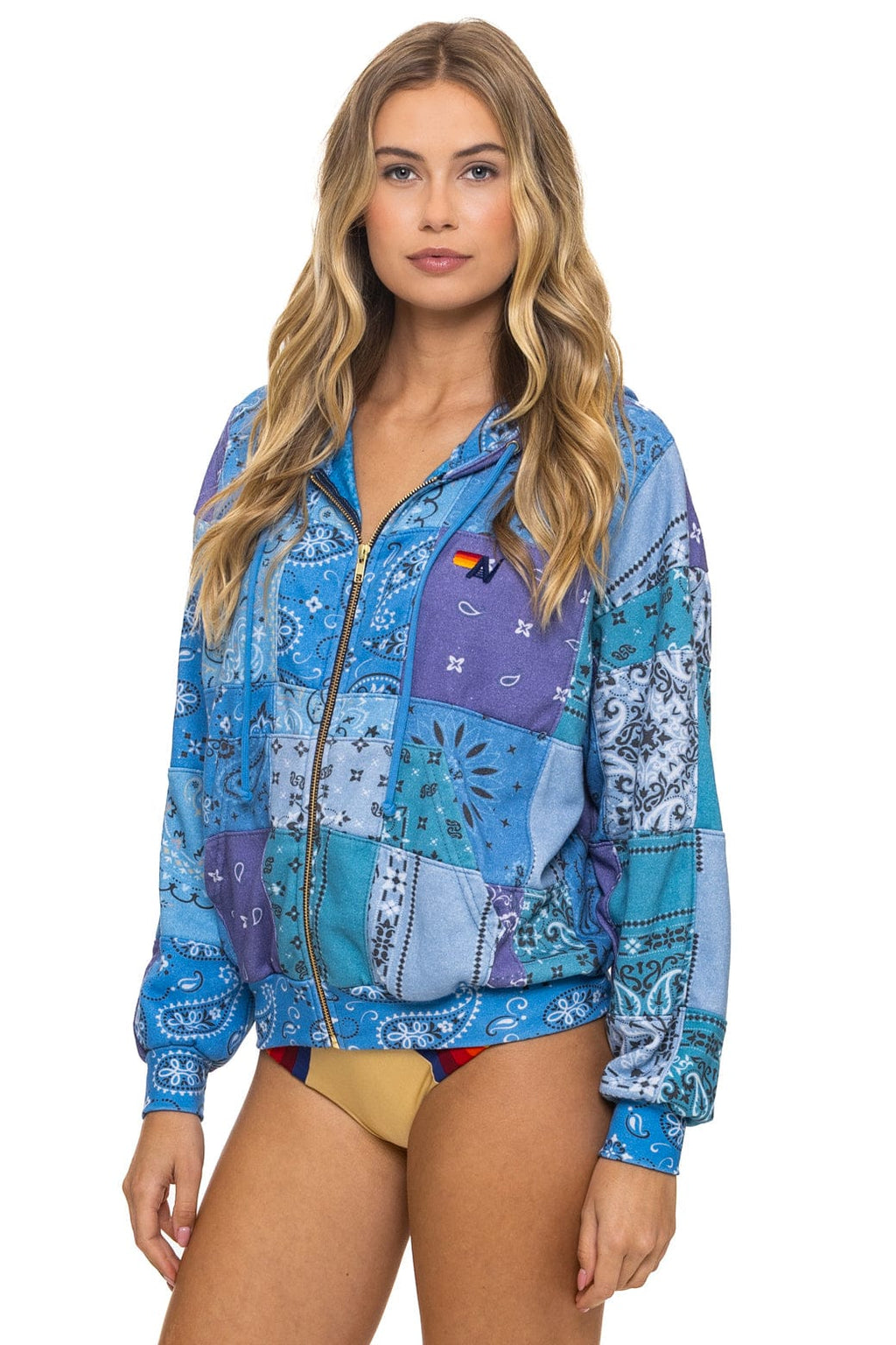 BANDANA QUILTED RELAXED ZIP HOODIE - BLUE