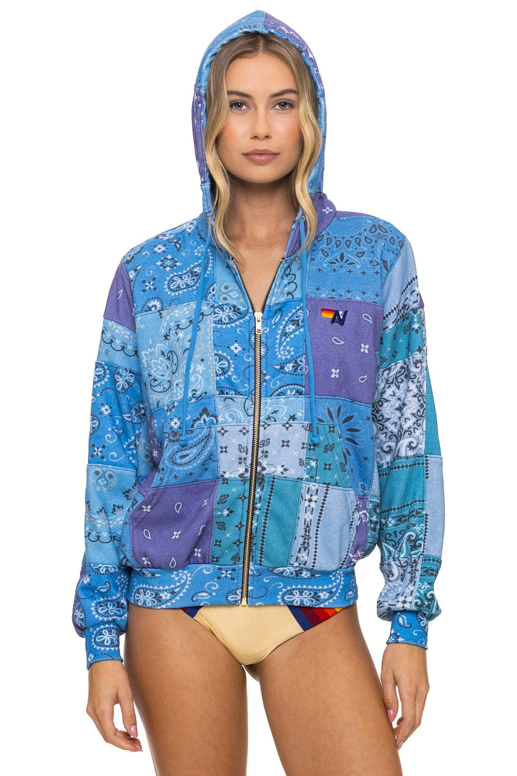 BANDANA QUILTED RELAXED ZIP HOODIE - BLUE