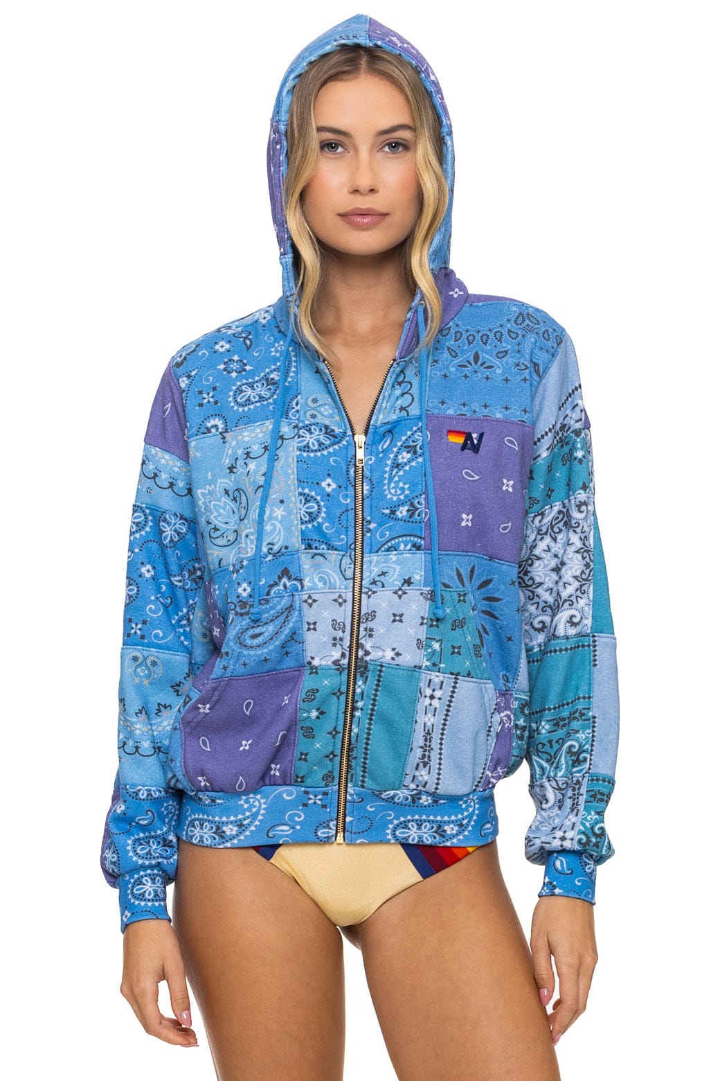 BANDANA QUILTED RELAXED ZIP HOODIE - BLUE