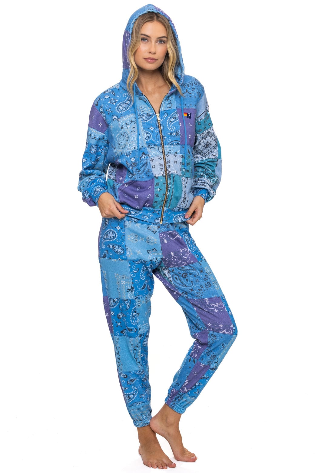 BANDANA QUILTED RELAXED ZIP HOODIE - BLUE