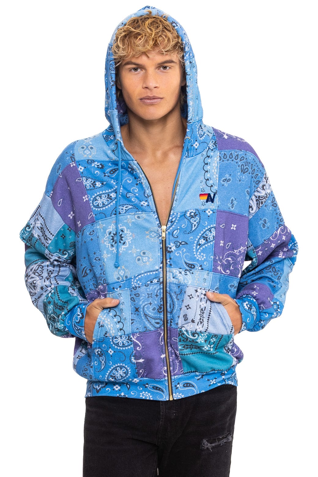 BANDANA QUILTED RELAXED ZIP HOODIE - BLUE