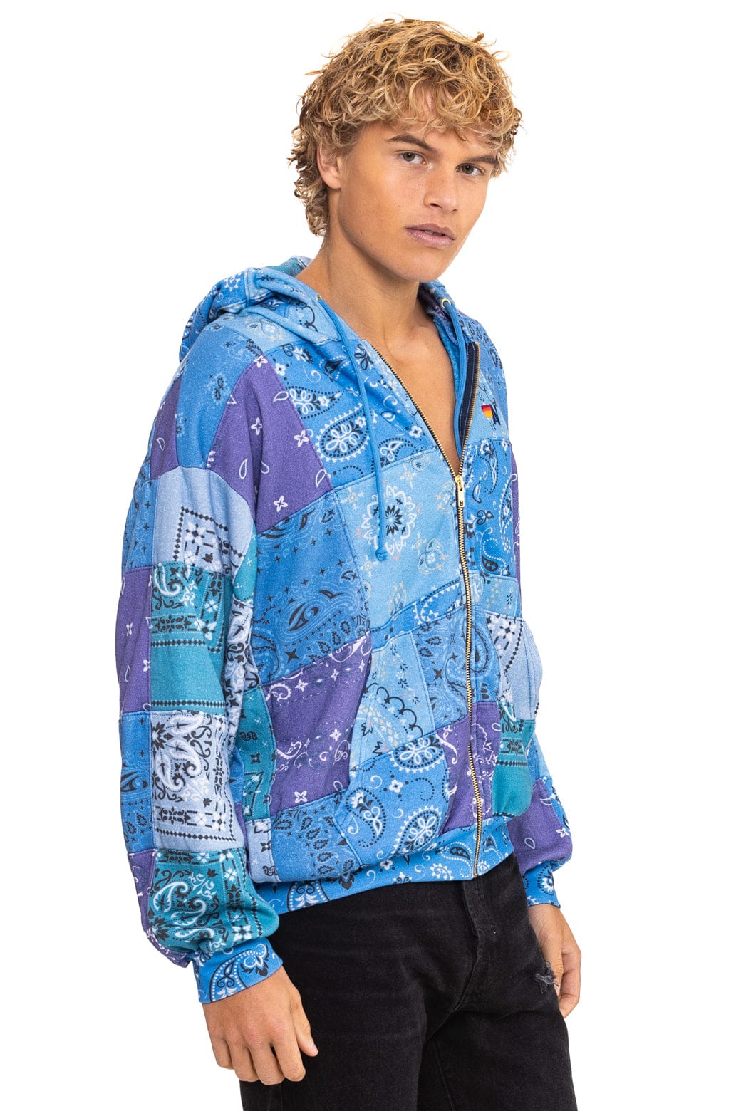 BANDANA QUILTED RELAXED ZIP HOODIE - BLUE