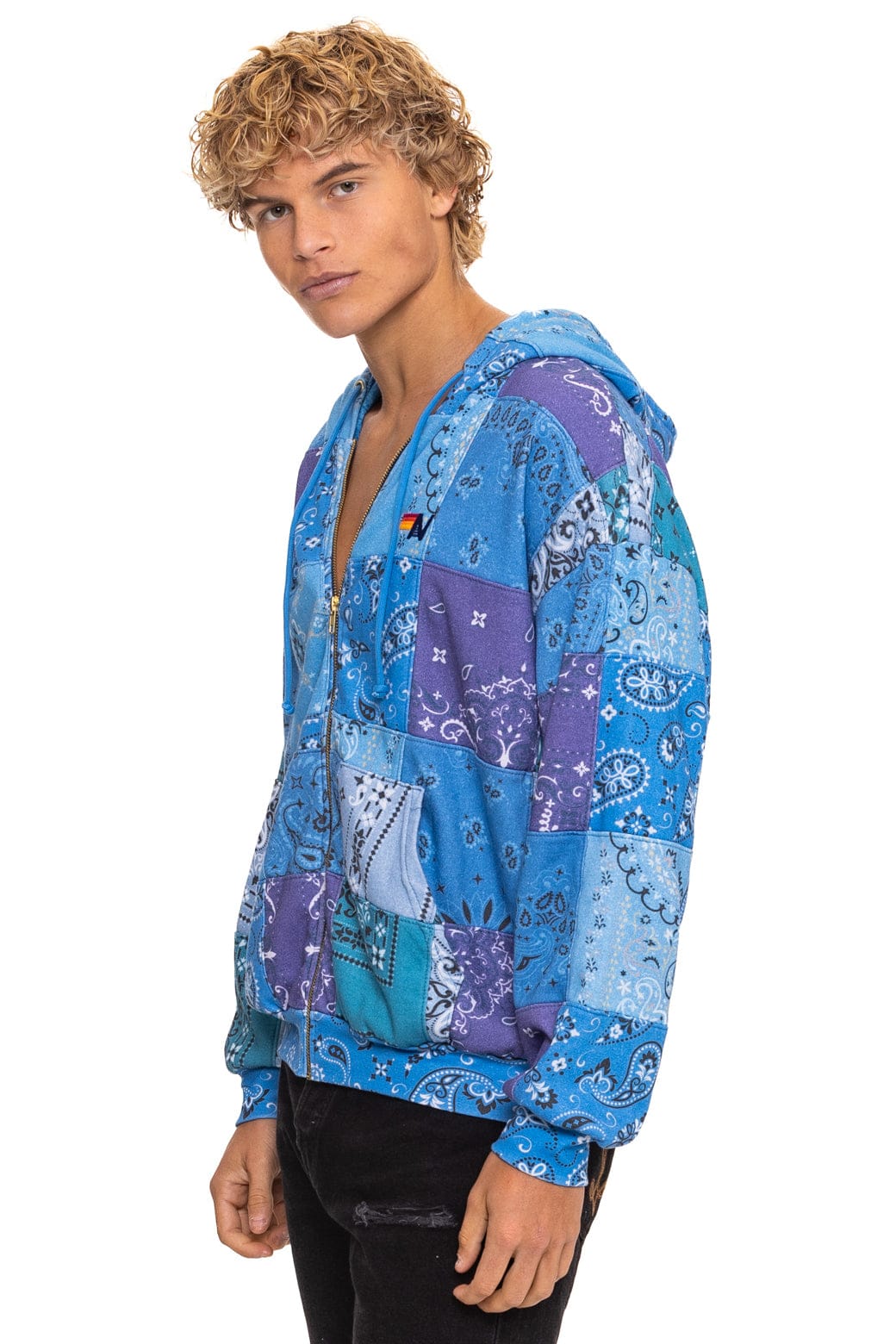 BANDANA QUILTED RELAXED ZIP HOODIE - BLUE