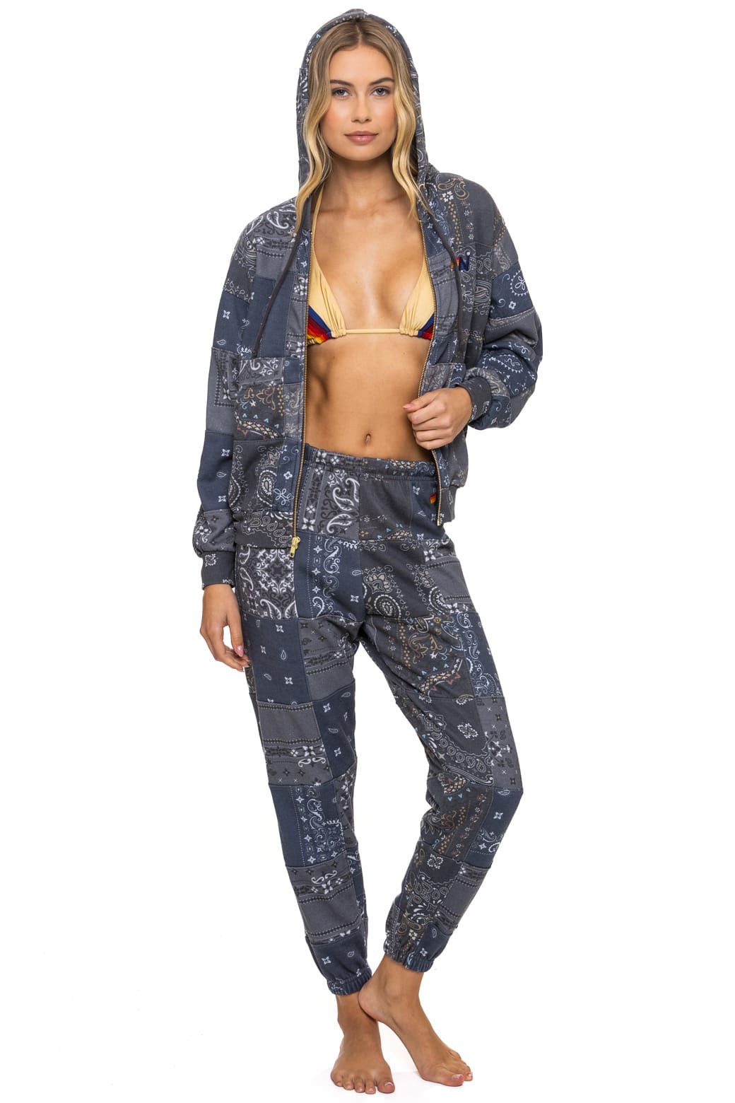BANDANA QUILTED RELAXED ZIP HOODIE - CHARCOAL
