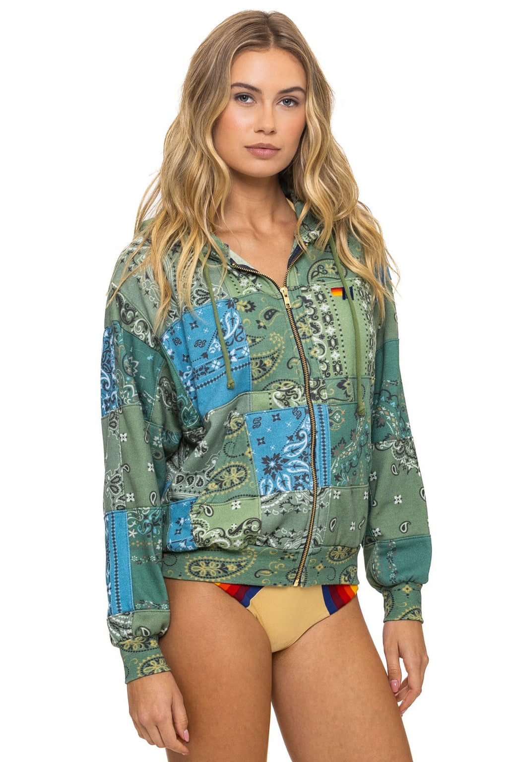 BANDANA QUILTED RELAXED ZIP HOODIE - GREEN