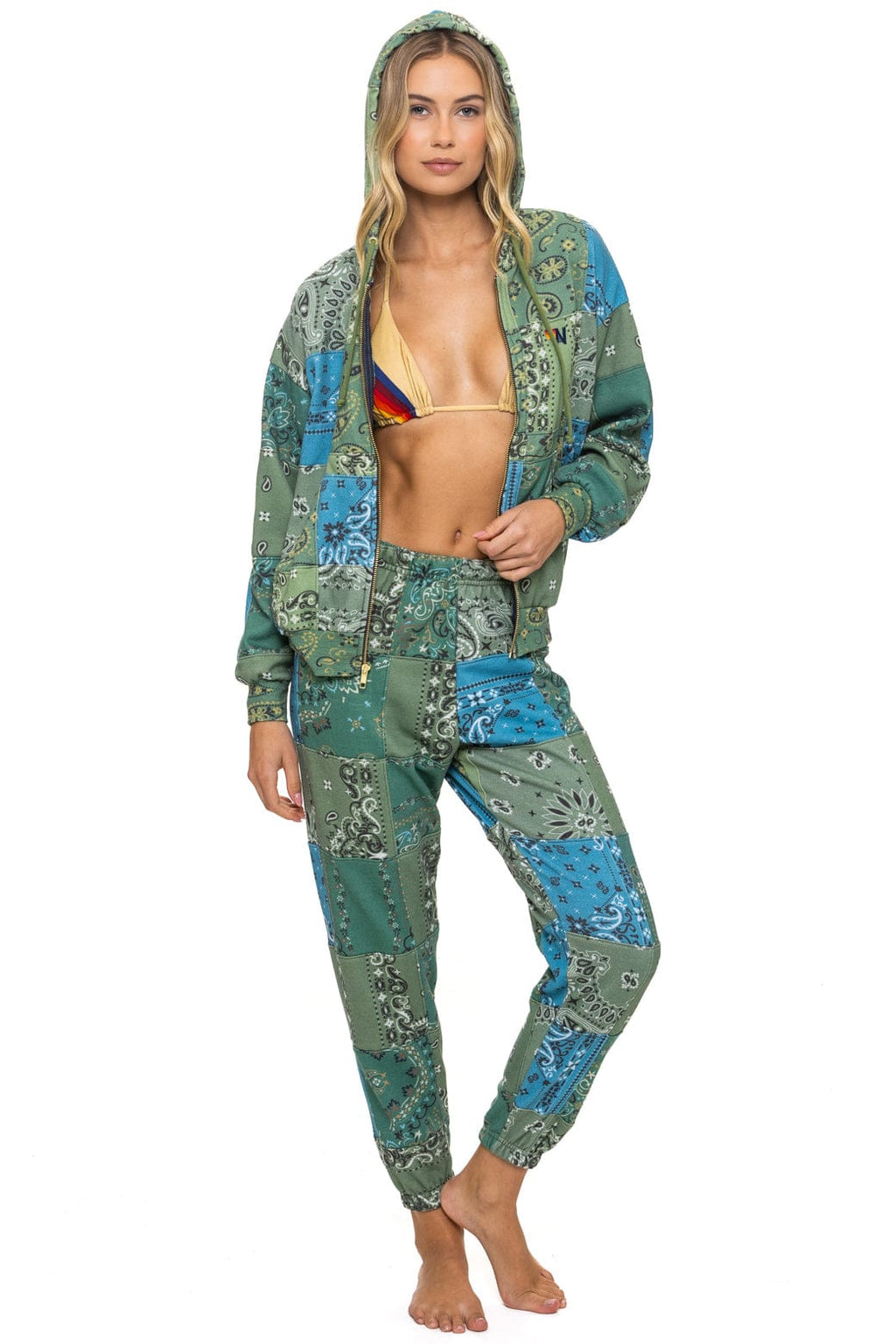 BANDANA QUILTED RELAXED ZIP HOODIE - GREEN