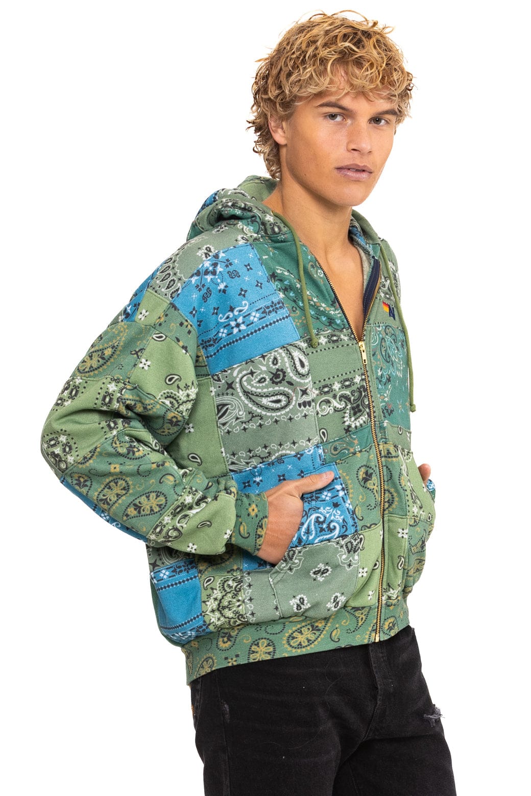 BANDANA QUILTED RELAXED ZIP HOODIE - GREEN