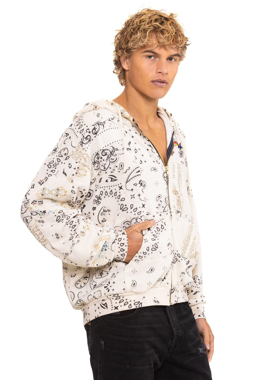 BANDANA QUILTED RELAXED ZIP HOODIE - VINTAGE WHITE