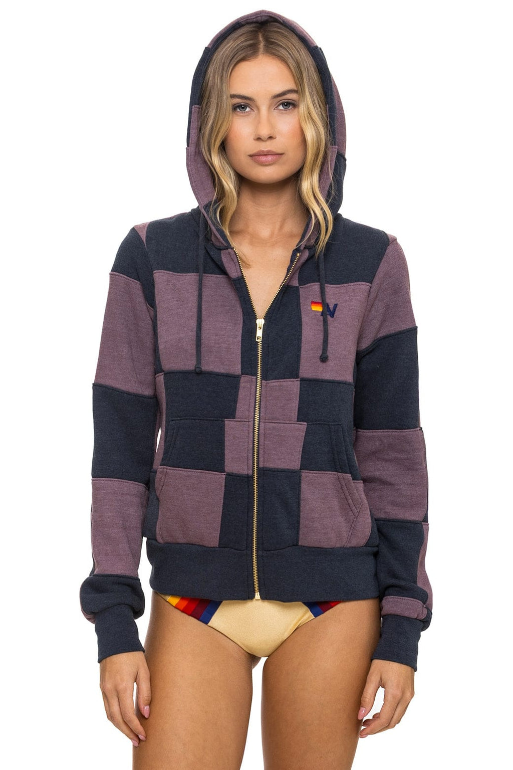 CHECK QUILT ZIP HOODIE - CHARCOAL // MOCHA