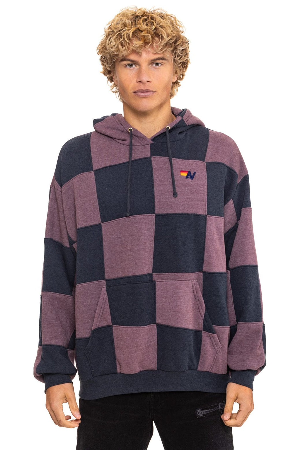 CHECK QUILT RELAXED PULLOVER HOODIE - CHARCOAL // MOCHA