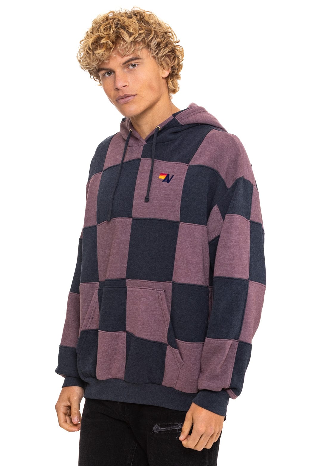 CHECK QUILT RELAXED PULLOVER HOODIE - CHARCOAL // MOCHA