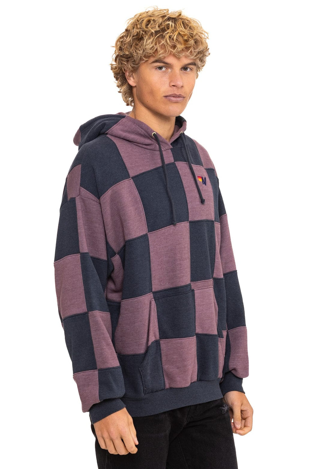 CHECK QUILT RELAXED PULLOVER HOODIE - CHARCOAL // MOCHA