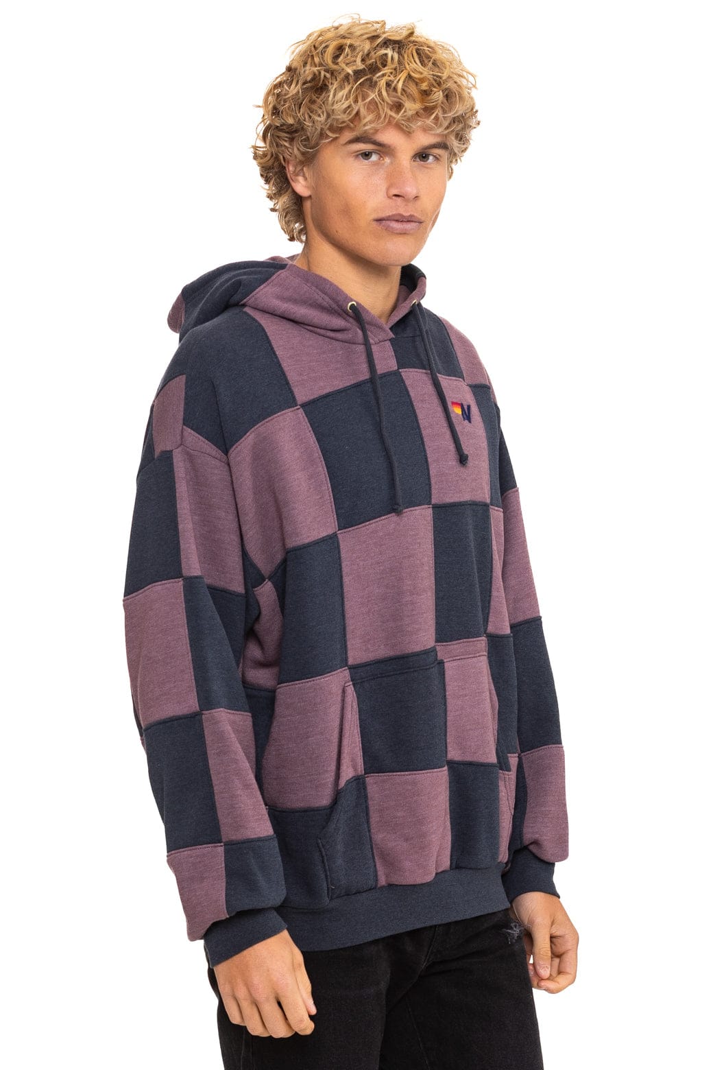 CHECK QUILT RELAXED PULLOVER HOODIE - CHARCOAL // MOCHA
