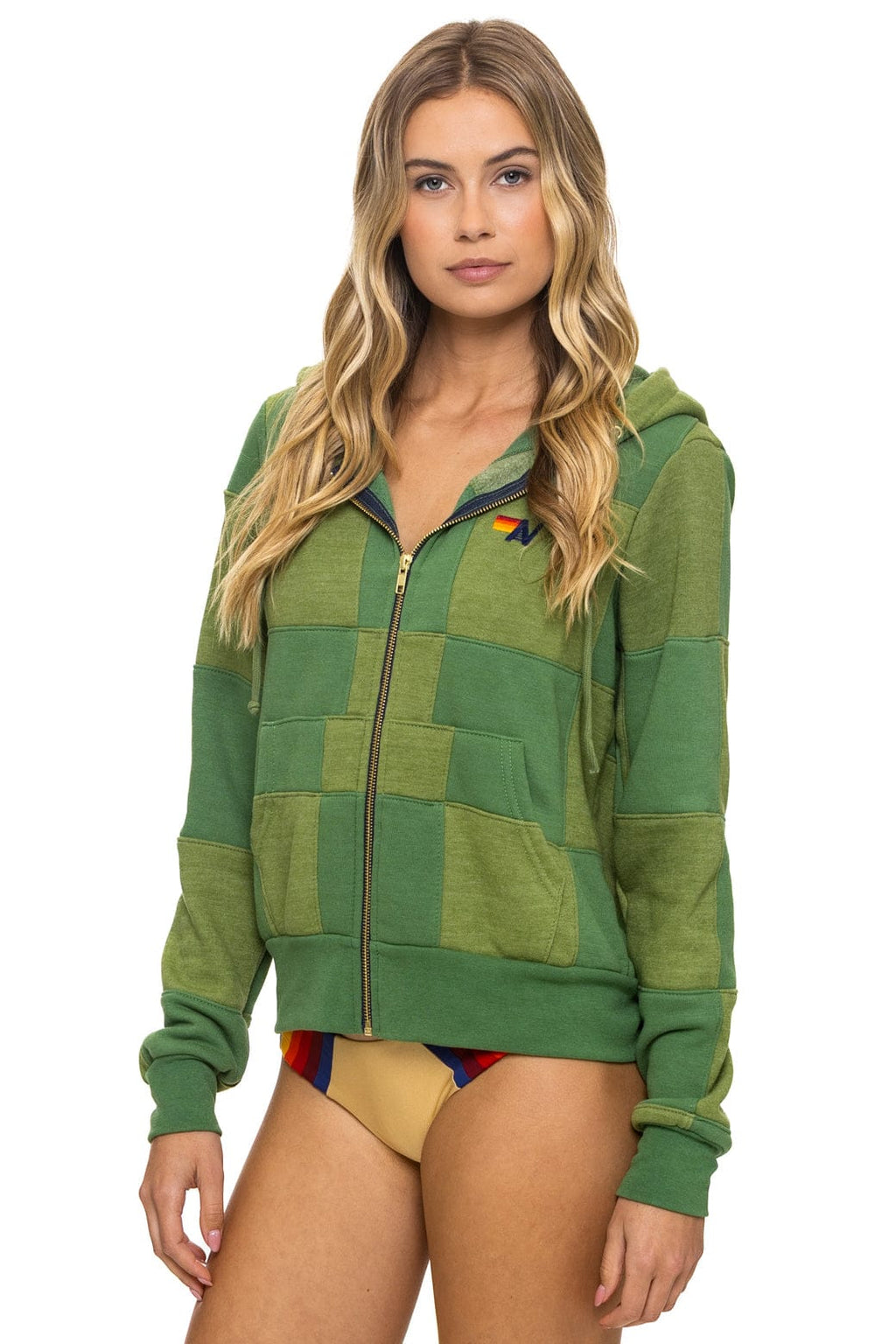 CHECK QUILT ZIP HOODIE - JUNGLE GREEN // PALM