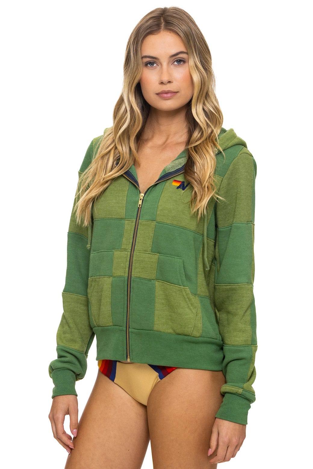 CHECK QUILT ZIP HOODIE - JUNGLE GREEN // PALM