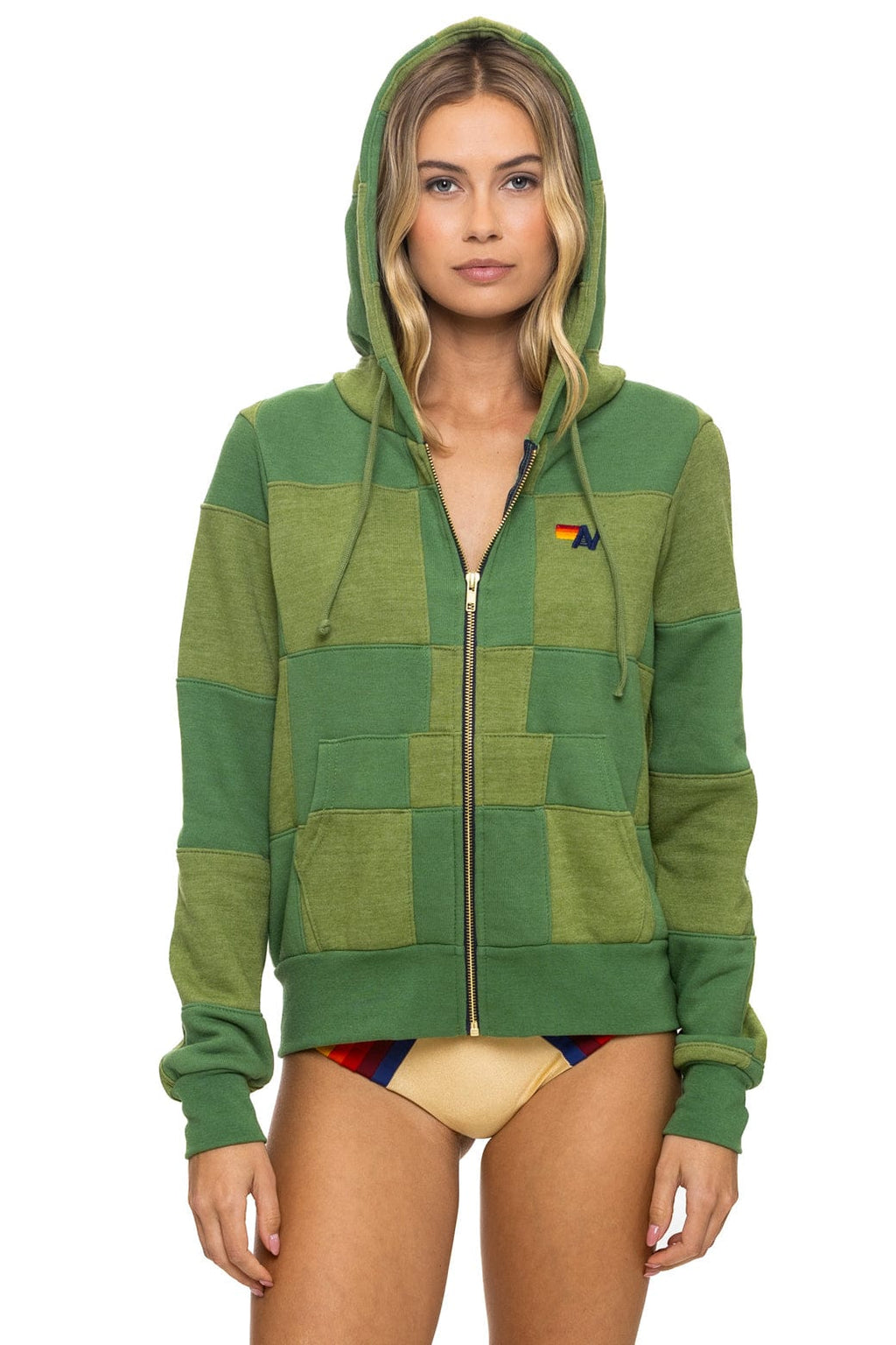 CHECK QUILT ZIP HOODIE - JUNGLE GREEN // PALM