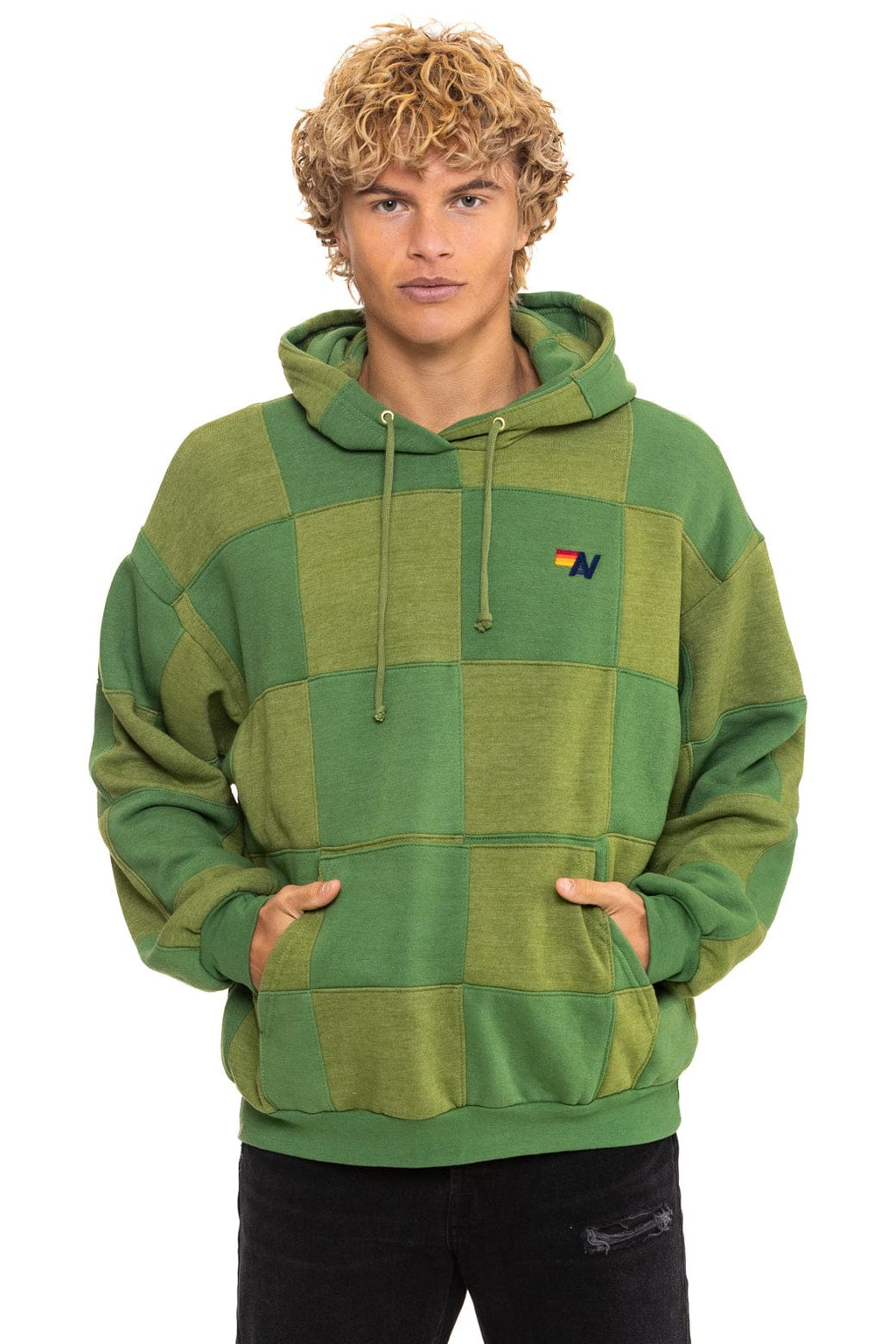 CHECK QUILT RELAXED PULLOVER HOODIE - JUNGLE GREEN // PALM