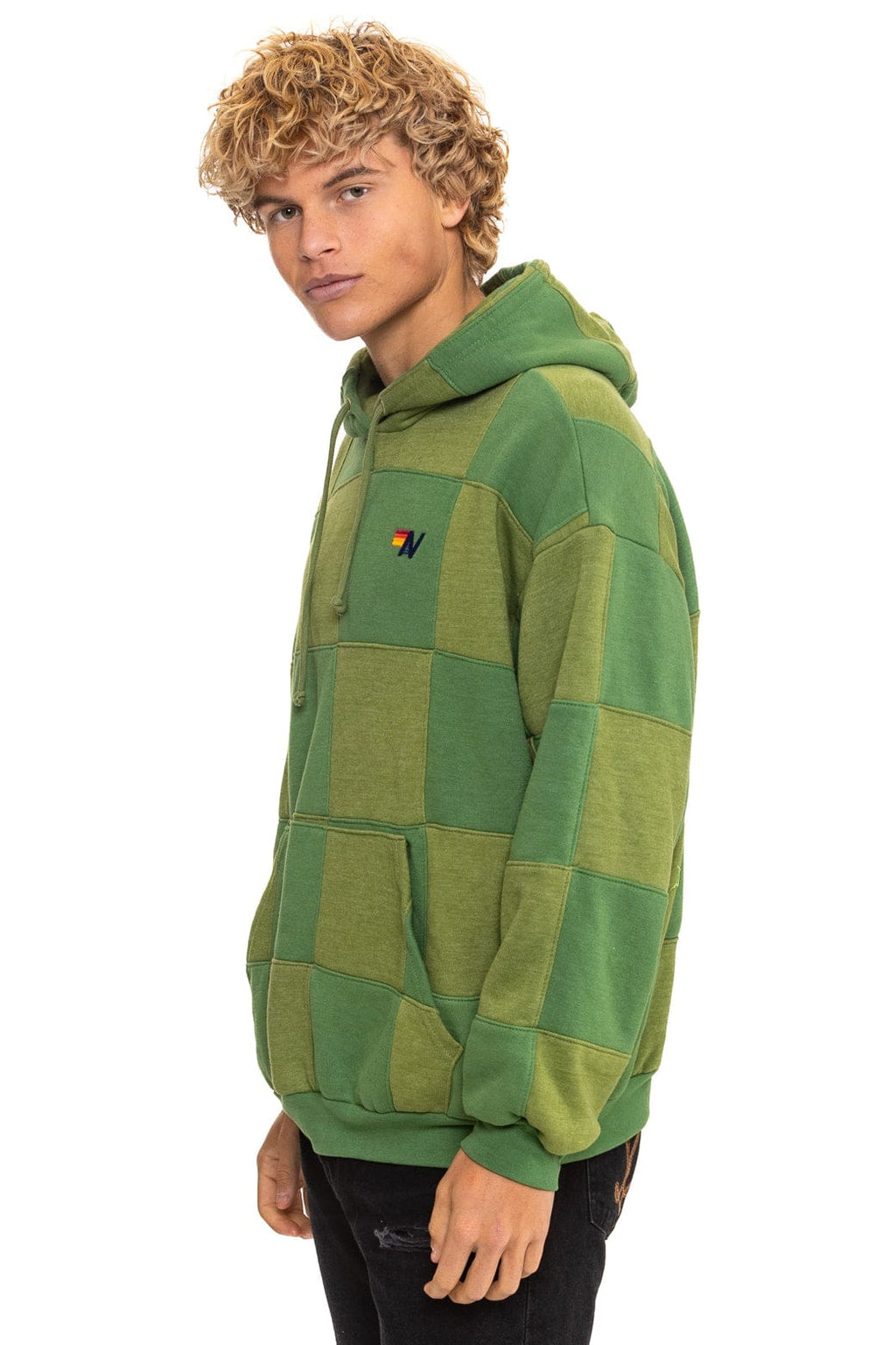CHECK QUILT RELAXED PULLOVER HOODIE - JUNGLE GREEN // PALM