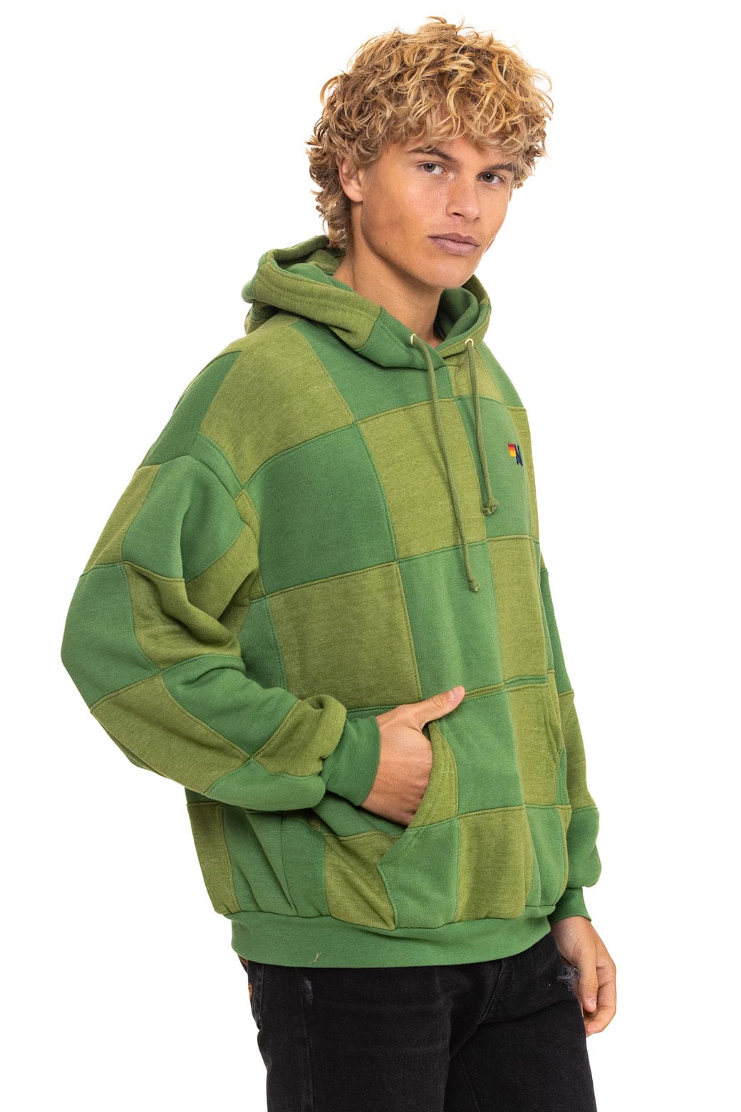 CHECK QUILT RELAXED PULLOVER HOODIE - JUNGLE GREEN // PALM