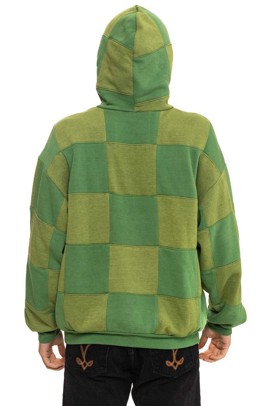 CHECK QUILT RELAXED PULLOVER HOODIE - JUNGLE GREEN // PALM