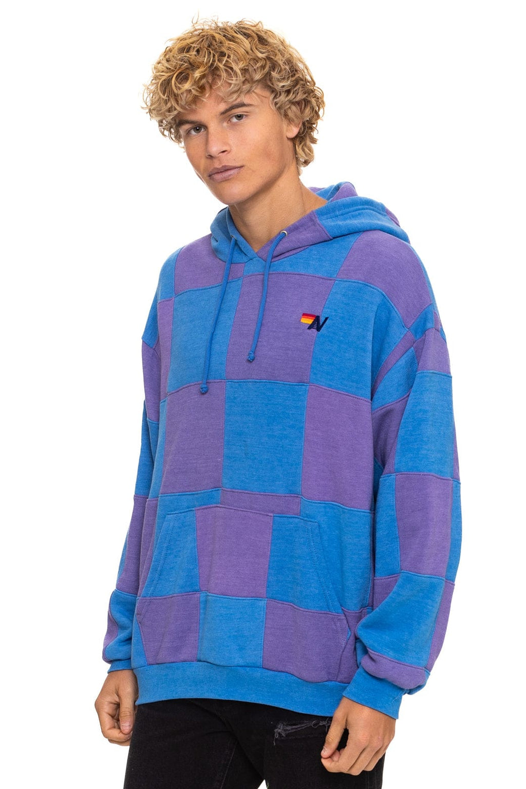 CHECK QUILT RELAXED PULLOVER HOODIE - LAVENDER // OCEAN