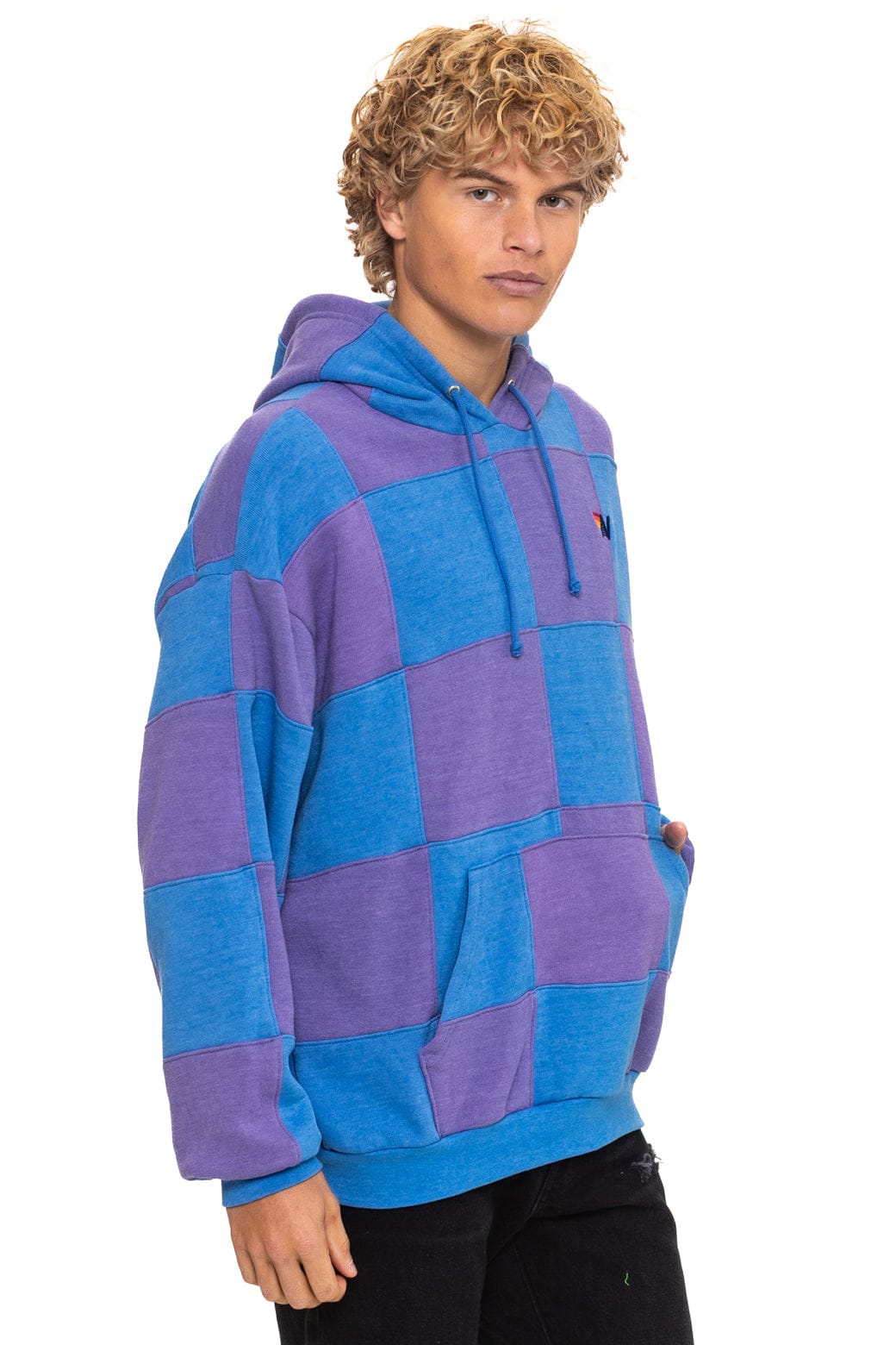 CHECK QUILT RELAXED PULLOVER HOODIE - LAVENDER // OCEAN
