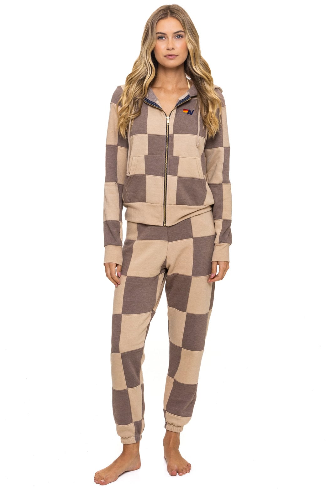 CHECK QUILT ZIP HOODIE - SAND // TAUPE
