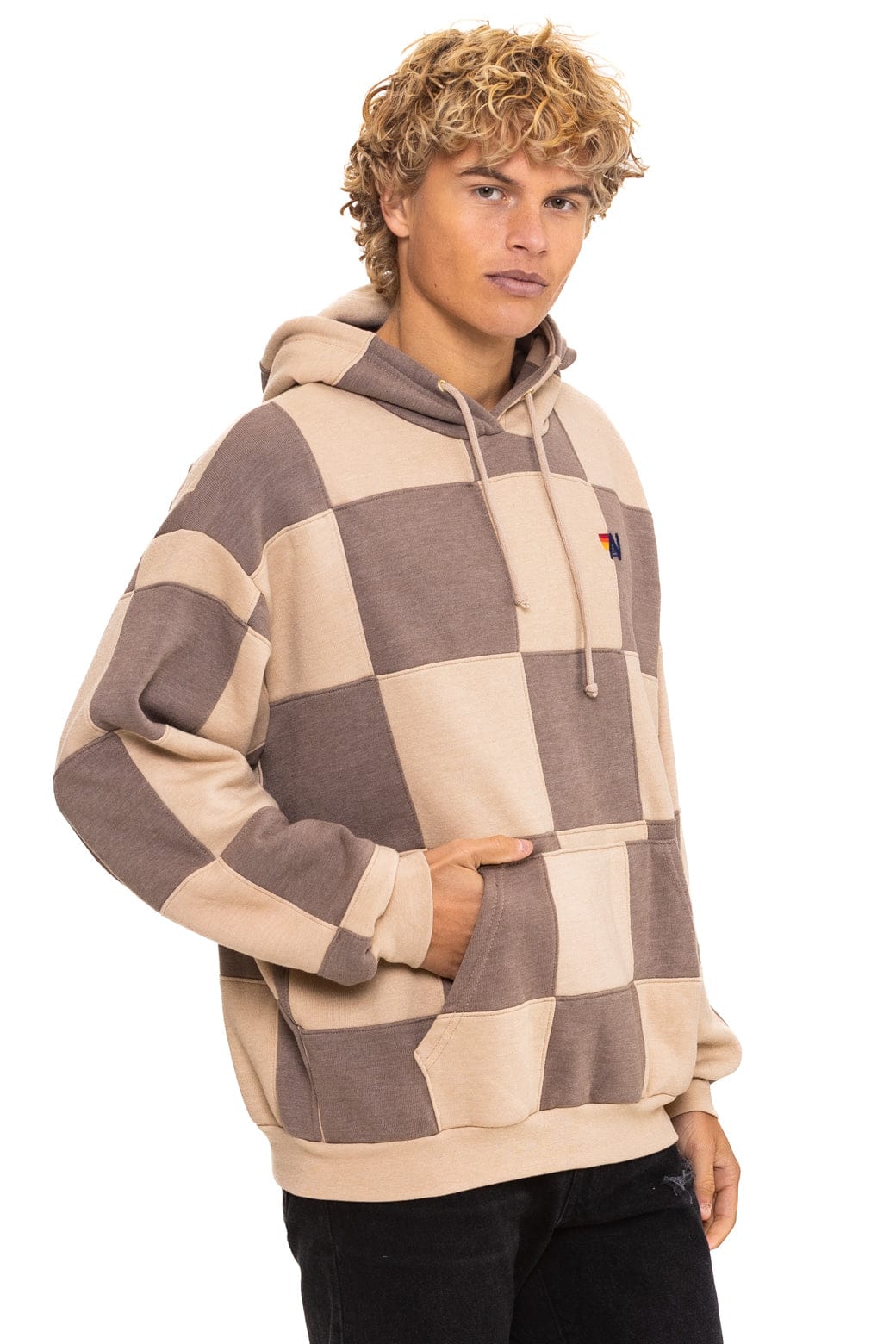 CHECK QUILT RELAXED PULLOVER HOODIE - SAND // TAUPE