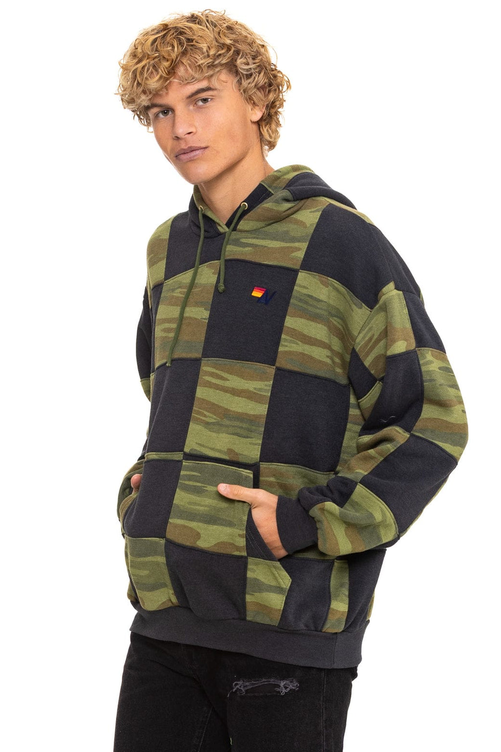 CHECK QUILT RELAXED PULLOVER HOODIE - SMOKE // CAMO