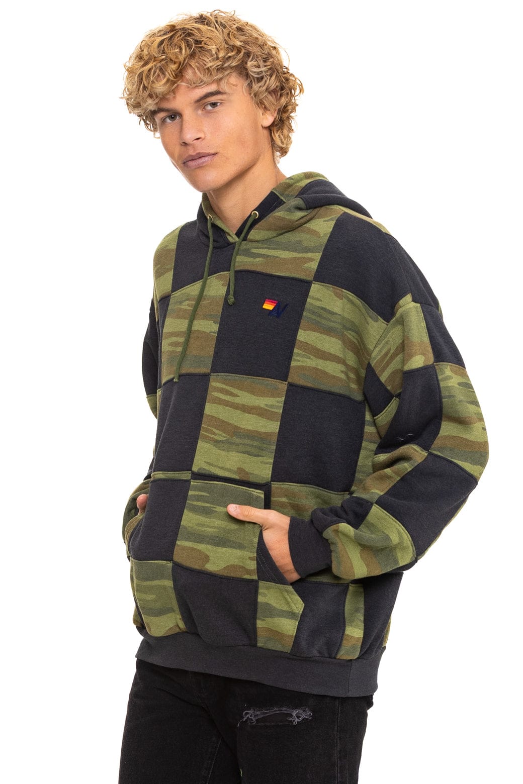 CHECK QUILT RELAXED PULLOVER HOODIE - SMOKE // CAMO