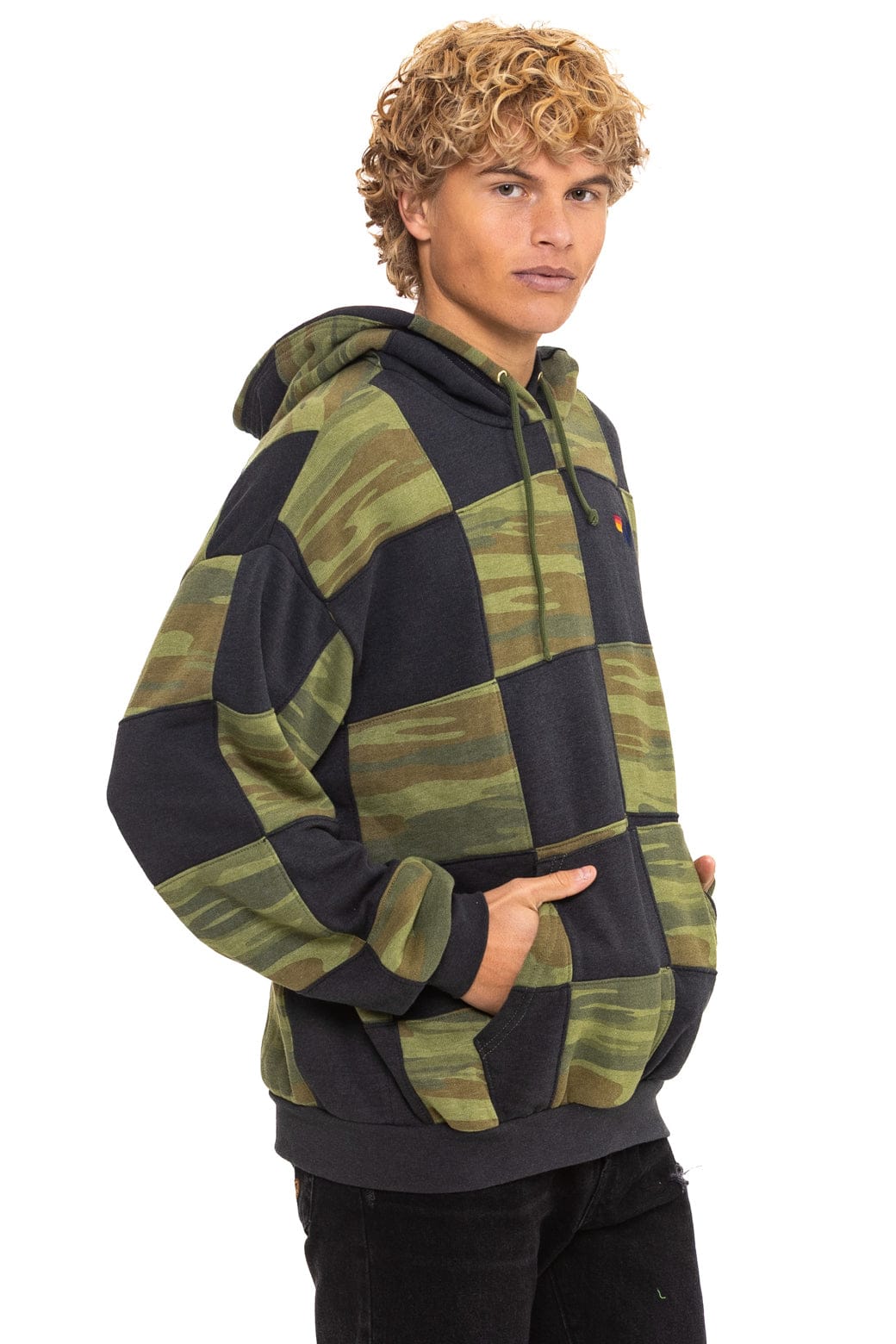 CHECK QUILT RELAXED PULLOVER HOODIE - SMOKE // CAMO
