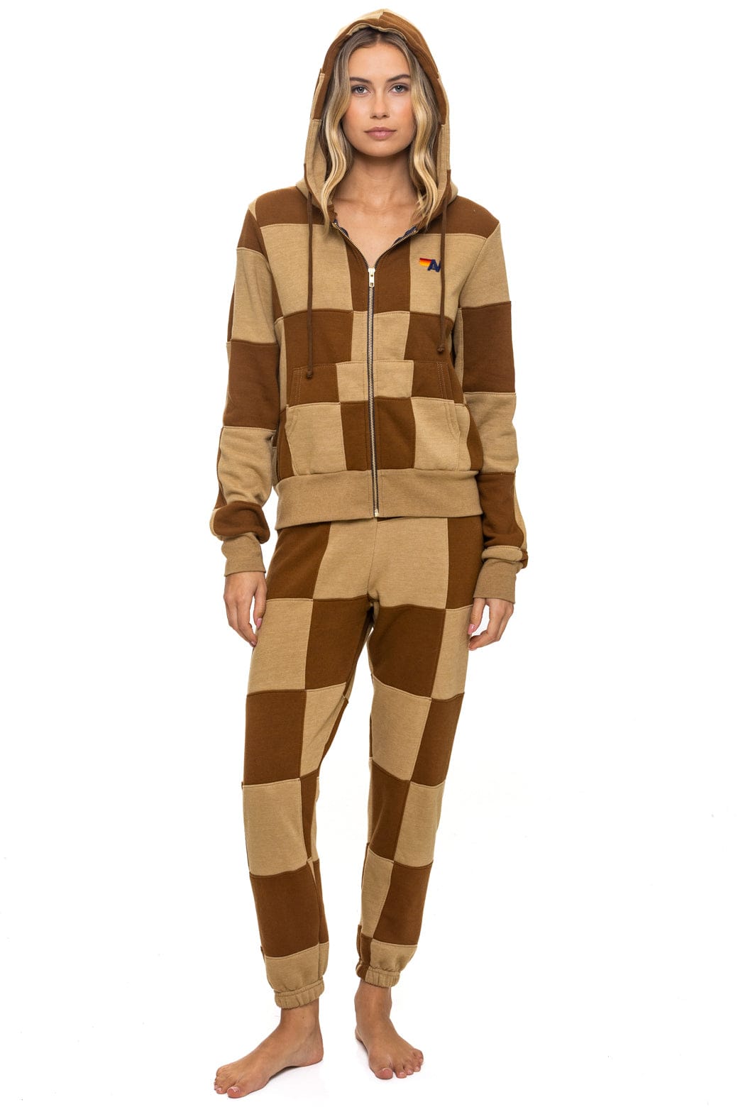 CHECK QUILT ZIP HOODIE - TAN // CINNAMON