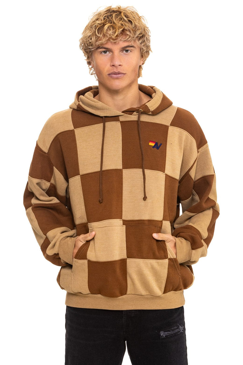 CHECK QUILT RELAXED PULLOVER HOODIE - TAN // CINNAMON