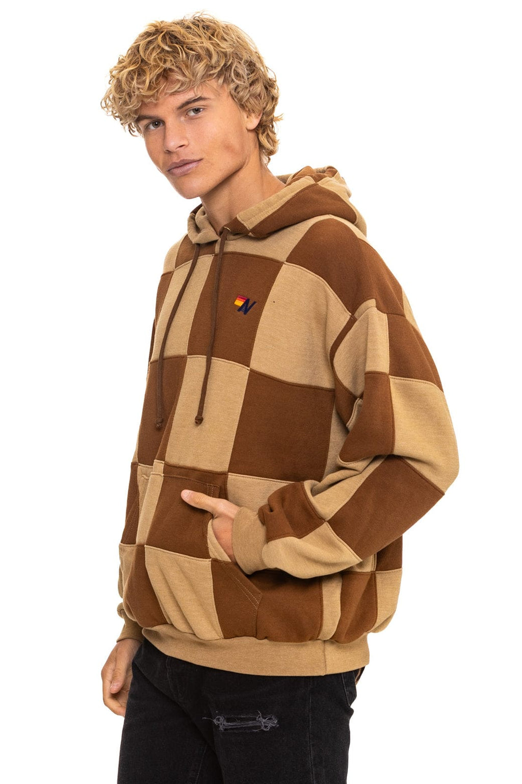 CHECK QUILT RELAXED PULLOVER HOODIE - TAN // CINNAMON