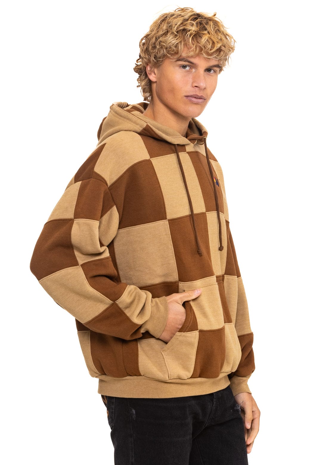 CHECK QUILT RELAXED PULLOVER HOODIE - TAN // CINNAMON