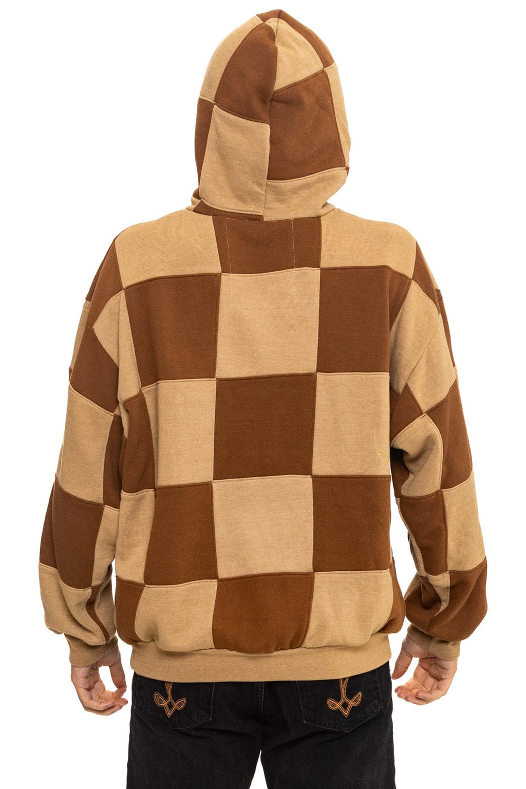 CHECK QUILT RELAXED PULLOVER HOODIE - TAN // CINNAMON