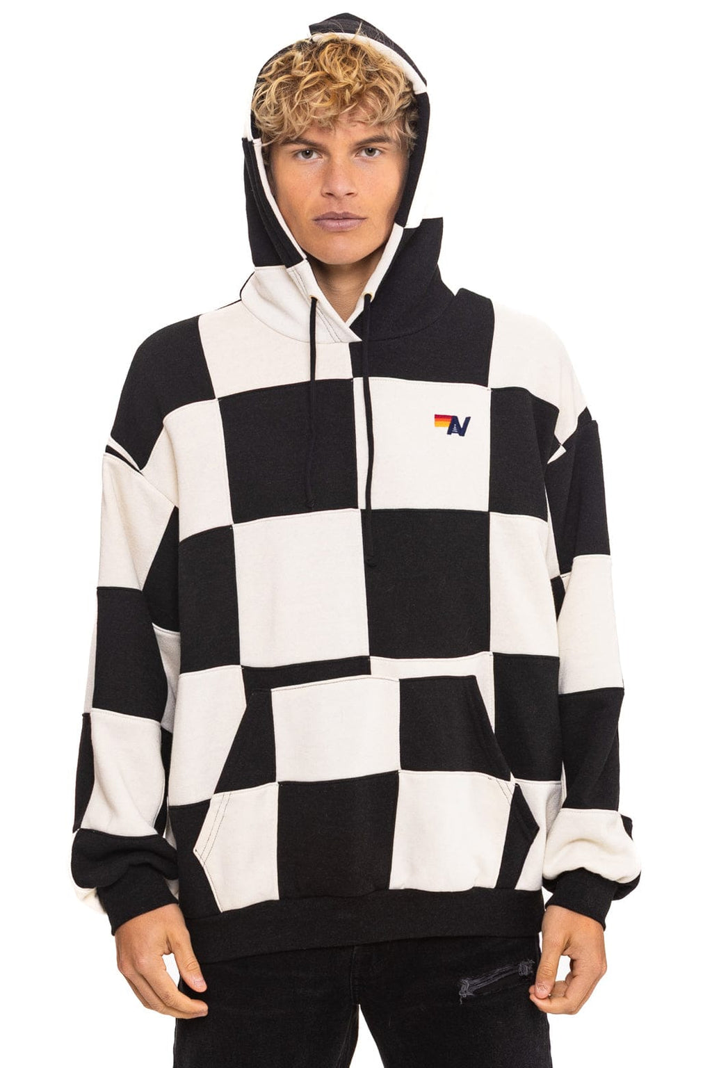 CHECK QUILT RELAXED PULLOVER HOODIE - VINTAGE WHITE // BLACK