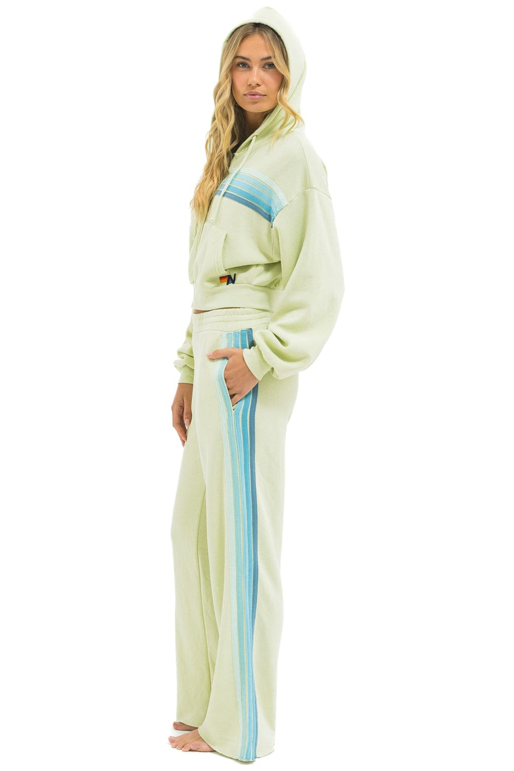 5 STRIPE CROPPED ZIP HOODIE RELAXED - LIME CREAM // SEAFOAM