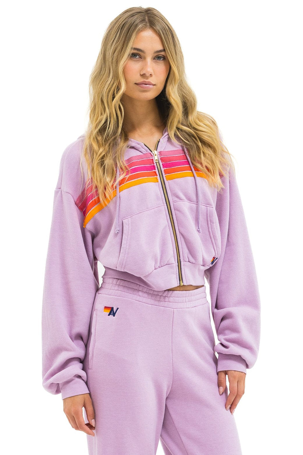 5 STRIPE CROPPED ZIP HOODIE RELAXED - MAUVE // MAGENTA // ORANGE