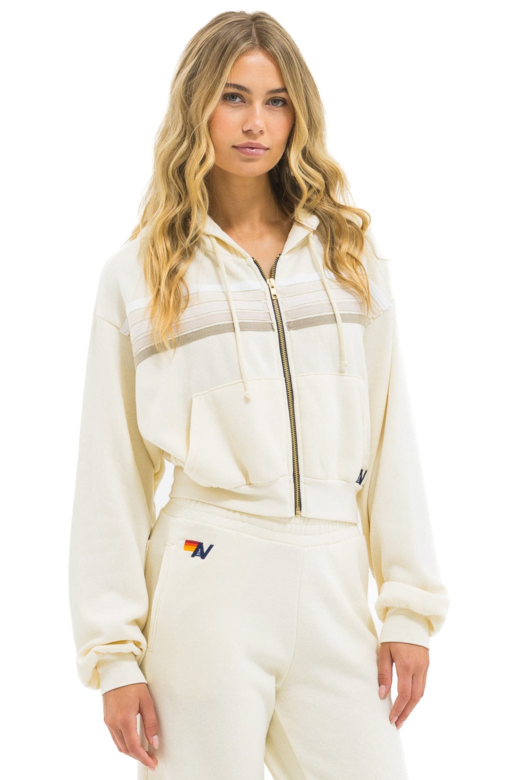5 STRIPE CROPPED ZIP HOODIE RELAXED - VINTAGE WHITE // WHITE GREY