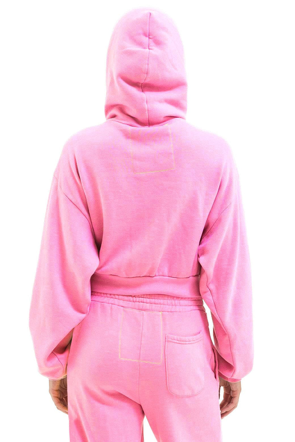 HEART STITCH RELAXED CROP ZIP HOODIE - NEON PINK