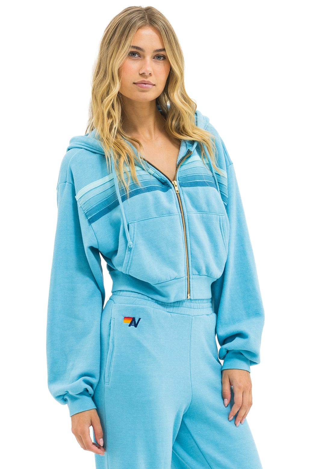 5 STRIPE CROPPED ZIP HOODIE RELAXED - AQUA // AQUA