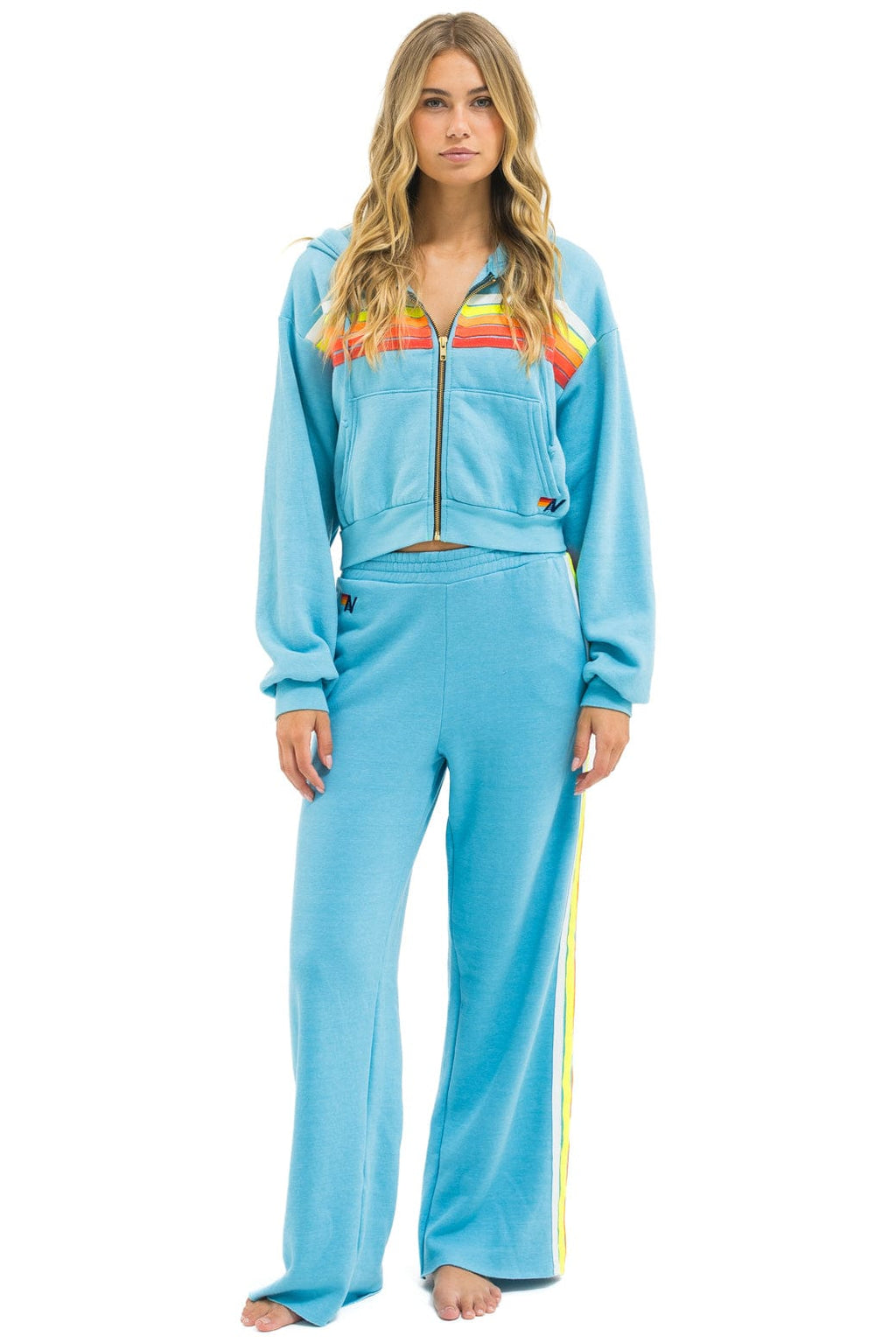 5 STRIPE CROPPED ZIP HOODIE RELAXED - AQUA // WHITE NEON