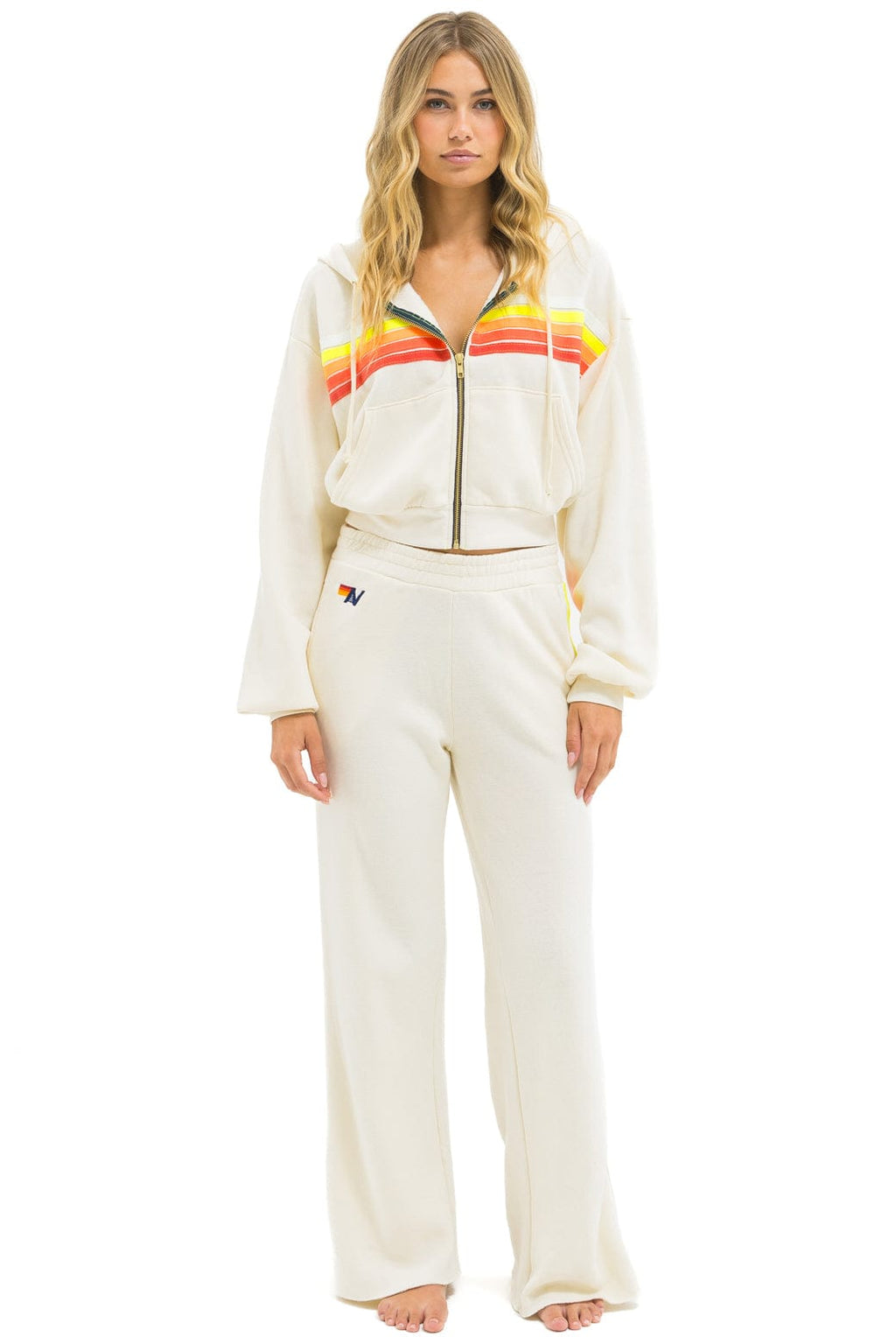 5 STRIPE CROPPED ZIP HOODIE RELAXED - VINTAGE WHITE // WHITE NEON