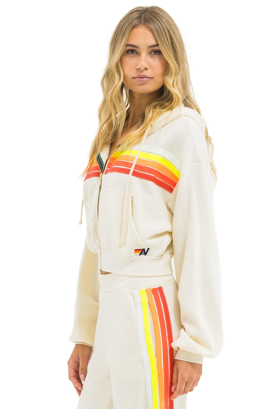 5 STRIPE CROPPED ZIP HOODIE RELAXED - VINTAGE WHITE // WHITE NEON