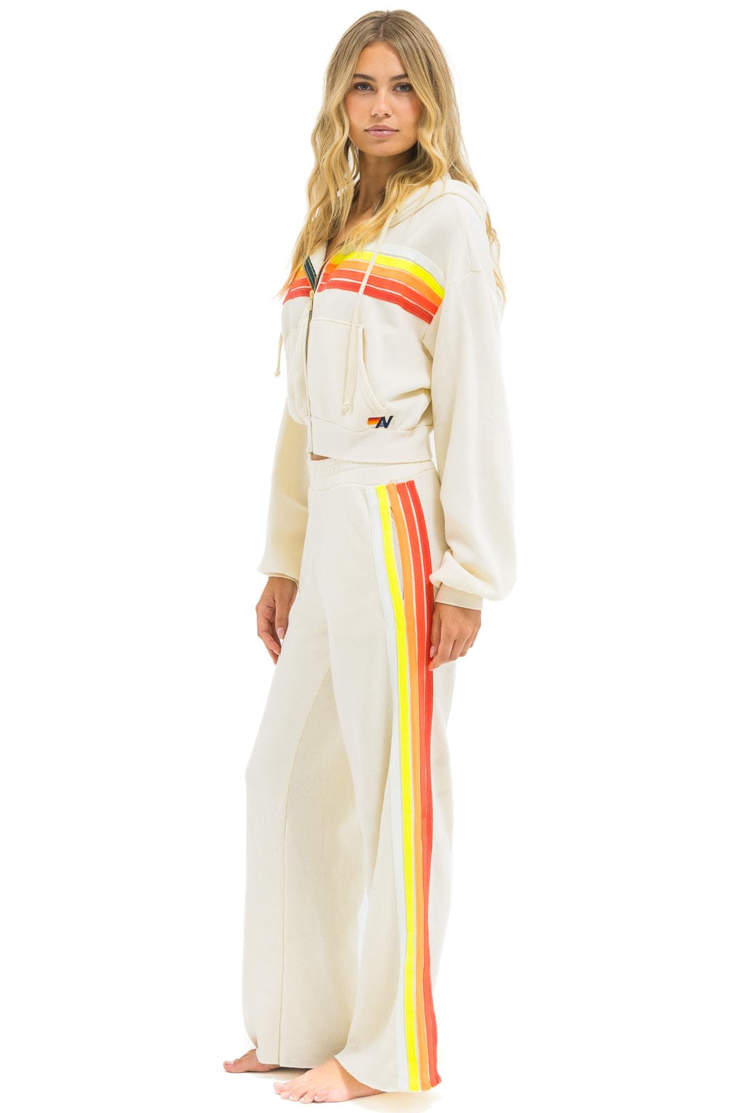 5 STRIPE CROPPED ZIP HOODIE RELAXED - VINTAGE WHITE // WHITE NEON